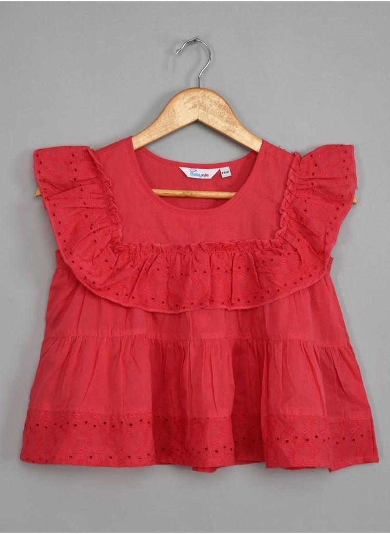 Red schiffli frilled top with schiffli short sets for girls