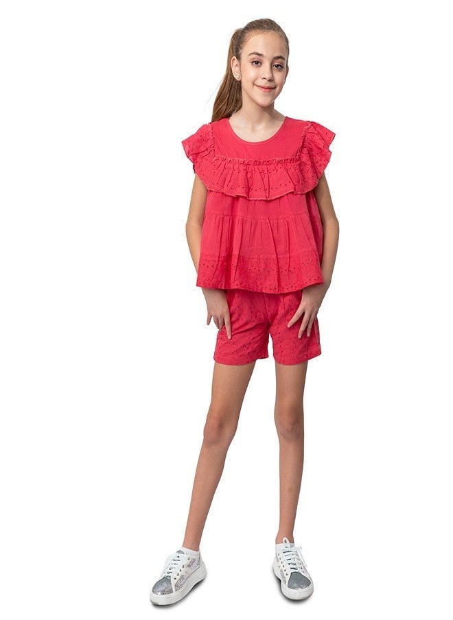 Red schiffli frilled top with schiffli short sets for girls