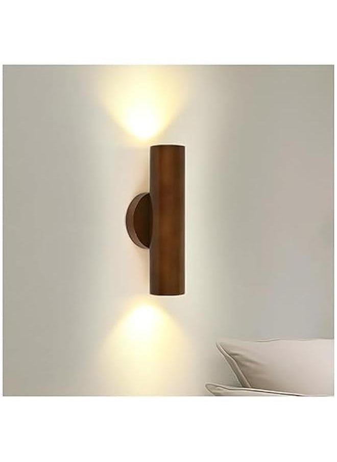 Lights Up Down Wall Sconce Rustic Wood Wall Mounted Indoor Cylinder Dimmable LED Wall Lamp Vintage Farmhouse Bedside Lighting for Bedroom Hallway Stairway Living Room (Color : Walnut)