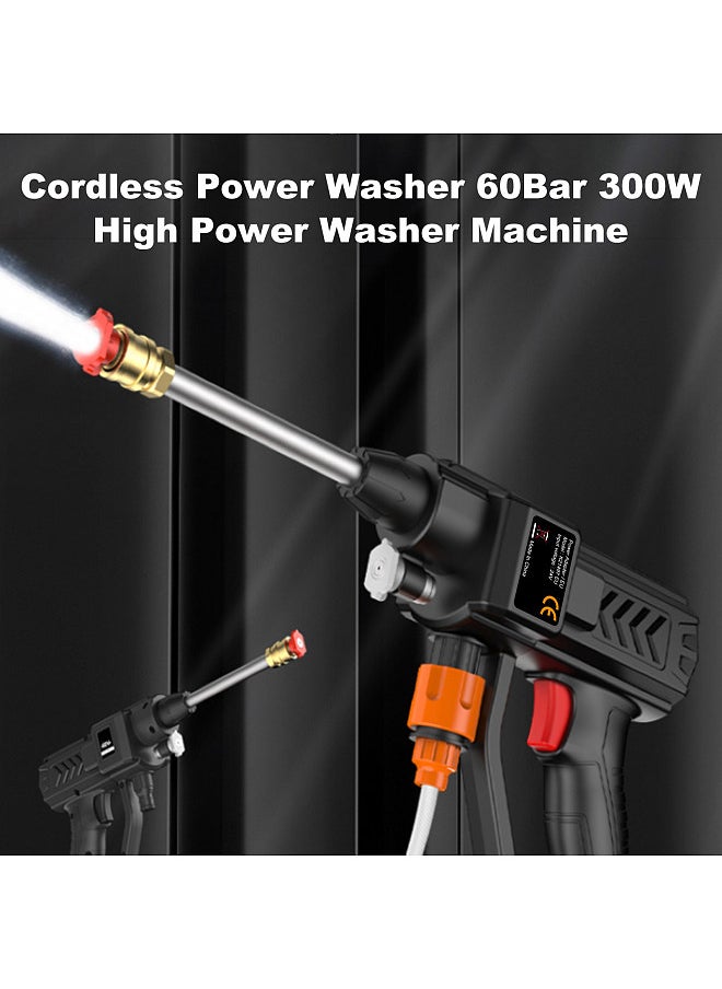 Cordless Power Washer, 60Bar 300W High Power Washer Machine, with Rechargeable Battery, 5 in 1 Nozzles, for Car Fence Floor Cleaning Watering