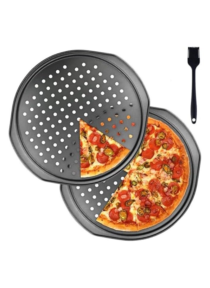 2 Pcs 14 inch Pizza Trays for Oven, Non Stick with Holes, Carbon Steel Pizza Pans, Round Pizza Pan with Handle, Fridge and Freezer Safe