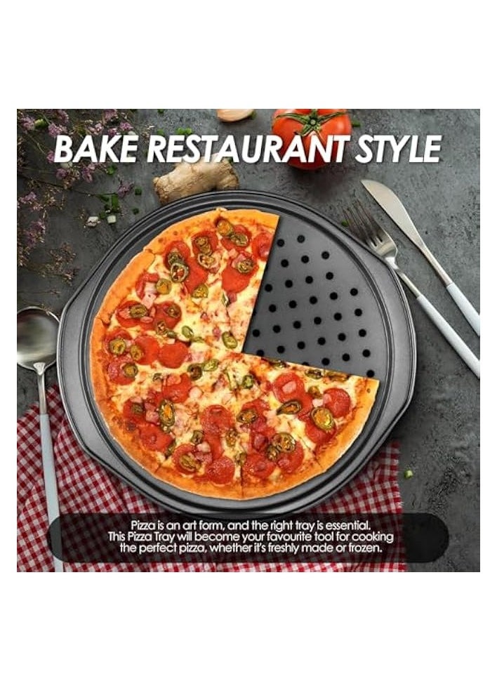 2 Pcs 14 inch Pizza Trays for Oven, Non Stick with Holes, Carbon Steel Pizza Pans, Round Pizza Pan with Handle, Fridge and Freezer Safe