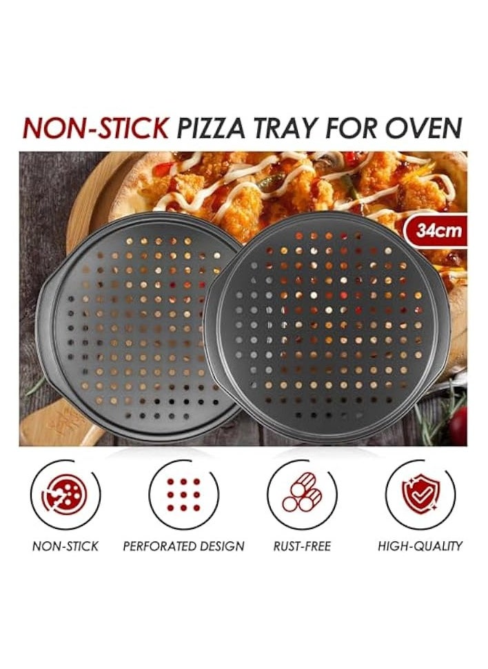 2 Pcs 14 inch Pizza Trays for Oven, Non Stick with Holes, Carbon Steel Pizza Pans, Round Pizza Pan with Handle, Fridge and Freezer Safe