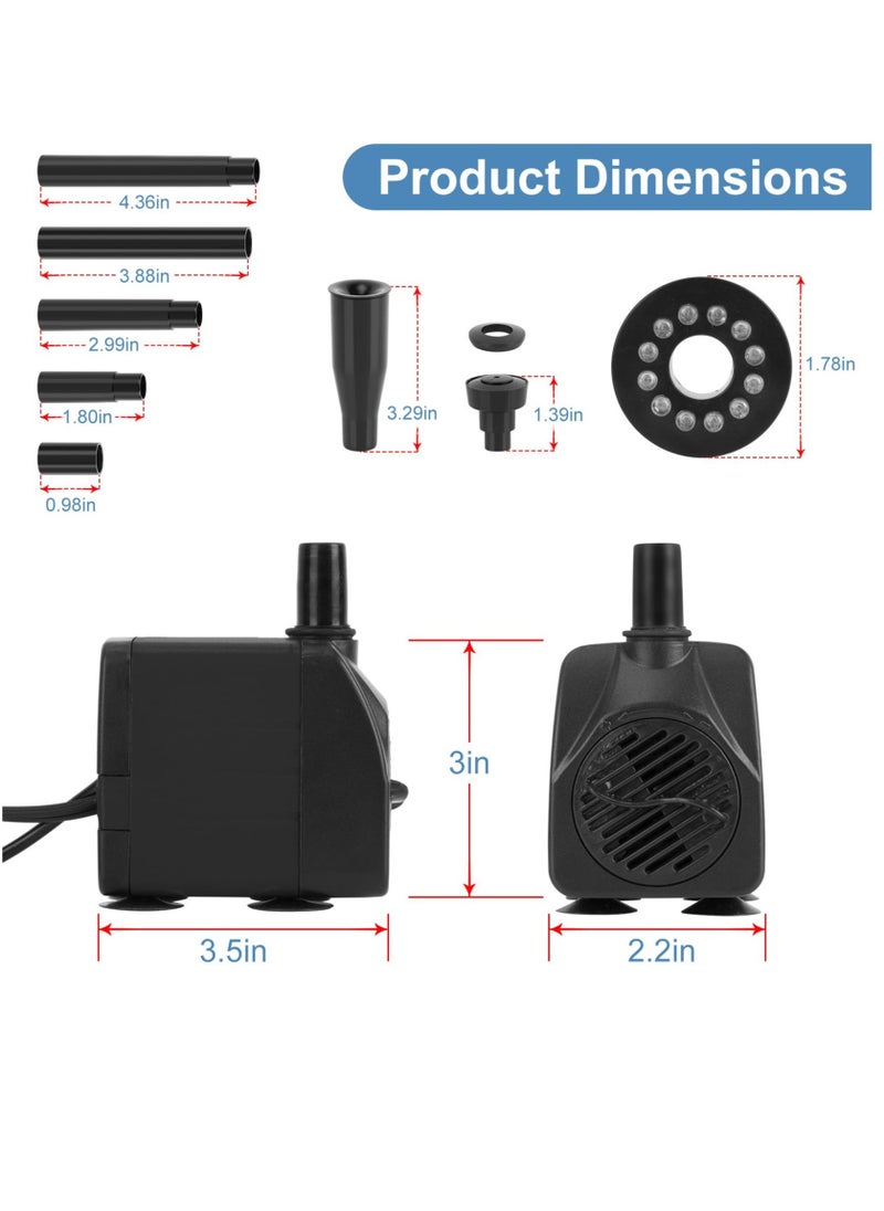 Submersible Pond Fountain Pump with colorful LED Light, 7.2ft Water Pump,Aquarium Pump with 3 Nozzles,Fountains Pump for Small Ponds,Garden, Aquariums, Fish Tanks, Indoor Outdoor Fountain