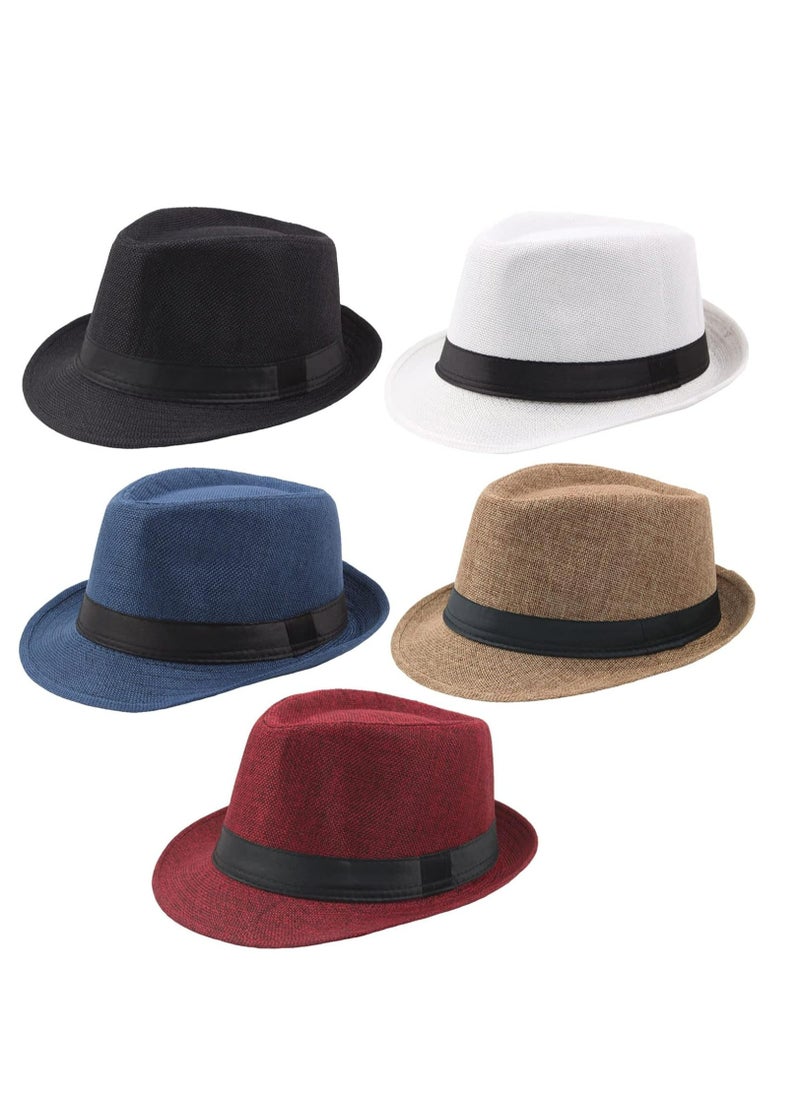 5 Pack Short Brim Fedora Classic Summer Beach Sun Hat Panama Cap for Men Women