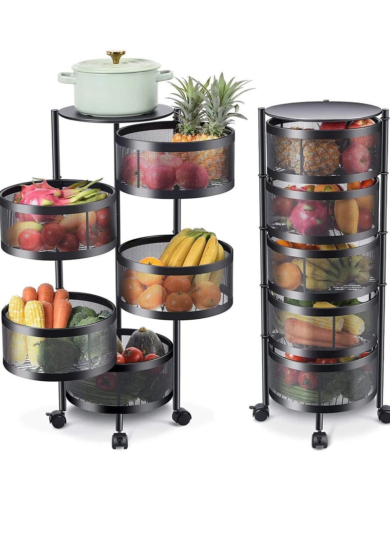 5-Tier Kitchen Rotating Storage Rack | Floor-Standing Multi-Layer Shelf with Lockable Wheels | Metal Vegetable Basket Organizer for Potato, Onion, Fruit | 360° Rotating Wire Rack for Kitchen, Living Room, Bathroom