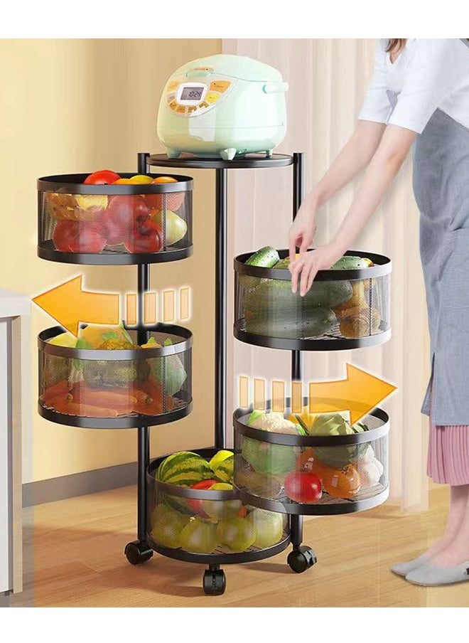 5-Tier Kitchen Rotating Storage Rack | Floor-Standing Multi-Layer Shelf with Lockable Wheels | Metal Vegetable Basket Organizer for Potato, Onion, Fruit | 360° Rotating Wire Rack for Kitchen, Living Room, Bathroom