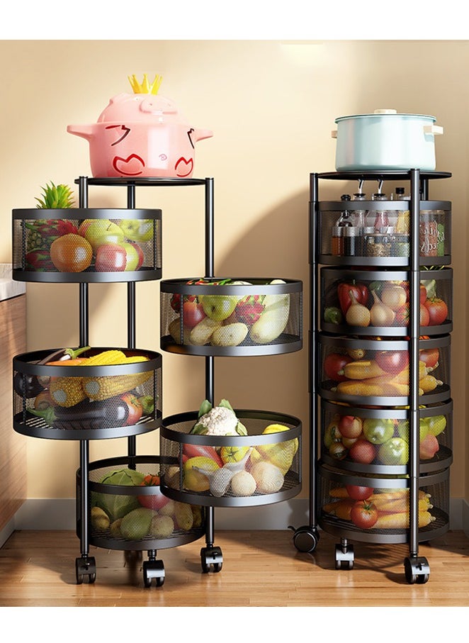 5-Tier Kitchen Rotating Storage Rack | Floor-Standing Multi-Layer Shelf with Lockable Wheels | Metal Vegetable Basket Organizer for Potato, Onion, Fruit | 360° Rotating Wire Rack for Kitchen, Living Room, Bathroom