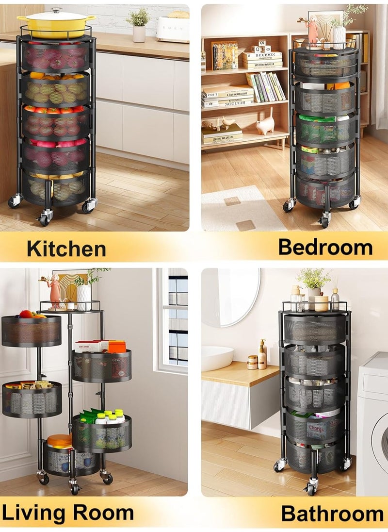 5-Tier Kitchen Rotating Storage Rack | Floor-Standing Multi-Layer Shelf with Lockable Wheels | Metal Vegetable Basket Organizer for Potato, Onion, Fruit | 360° Rotating Wire Rack for Kitchen, Living Room, Bathroom