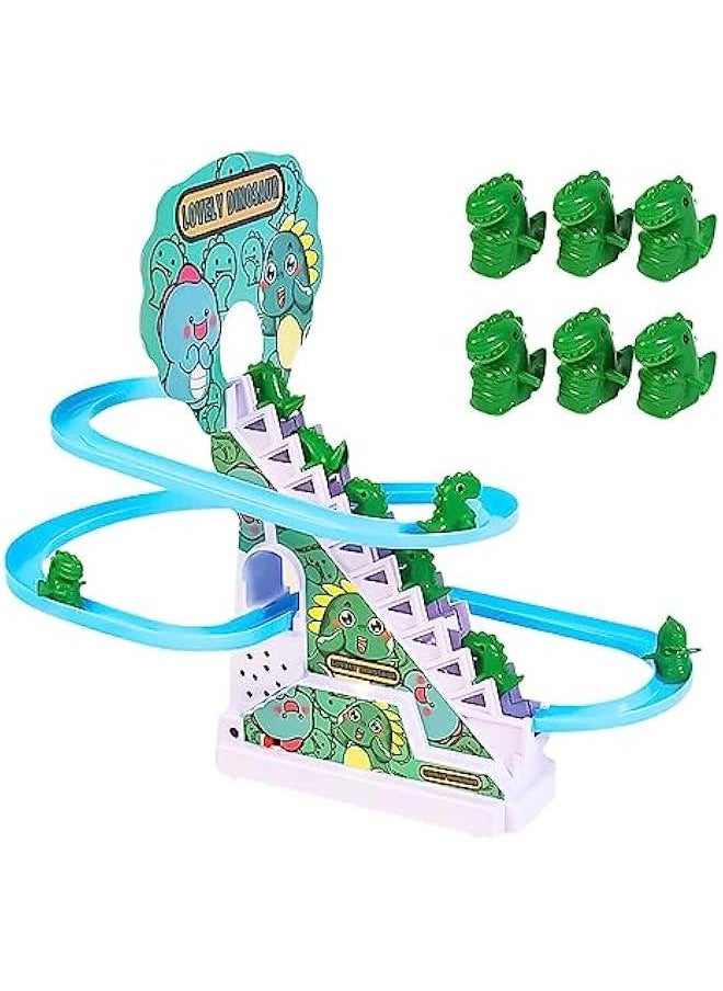 Dinosaur Slide Toy Set, Funny Dino Escalator Toy Dinosaur Automatic Stair-Climbing Cartoon Race Track Set Little Lovely Dino Slide Toy with Lights and Music