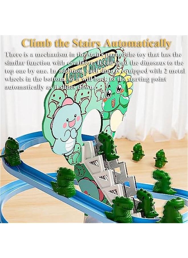 Dinosaur Slide Toy Set, Funny Dino Escalator Toy Dinosaur Automatic Stair-Climbing Cartoon Race Track Set Little Lovely Dino Slide Toy with Lights and Music