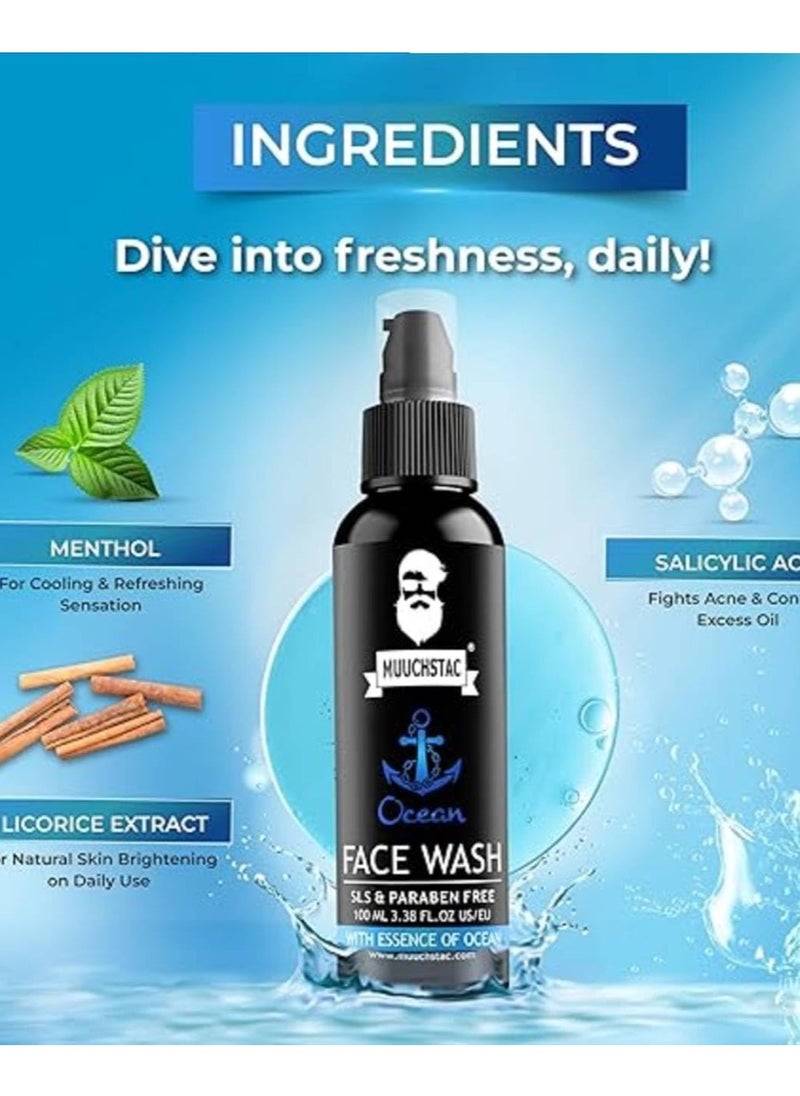 Muuchstac Ocean Face Wash for Men | Fight Acne & Pimples, Brighten Skin, Clears Dirt, Oil Control, Refreshing Feel - Multi-Action Formula (100 ml)