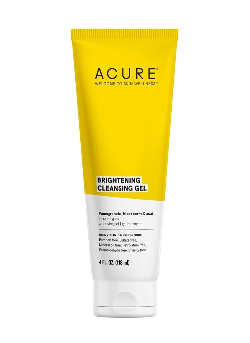 Acure Brightening Cleansing Gel - Vegan Cleanser for Radiant Skin - Pomegranate, Blackberry & Acai Infused - Antioxidant-Rich Gentle Formula for All Skin Types - 4 Fl Oz