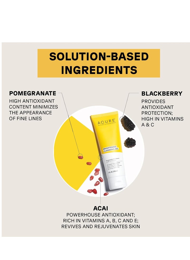 Acure Brightening Cleansing Gel - Vegan Cleanser for Radiant Skin - Pomegranate, Blackberry & Acai Infused - Antioxidant-Rich Gentle Formula for All Skin Types - 4 Fl Oz