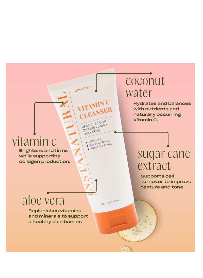 InstaNatural Vitamin C Cleanser Face Wash, Brightens and Reduces Signs of Aging, Fine Lines and Uneven Texture, with Coconut Water and Aloe Vera, 6.7 FL Oz