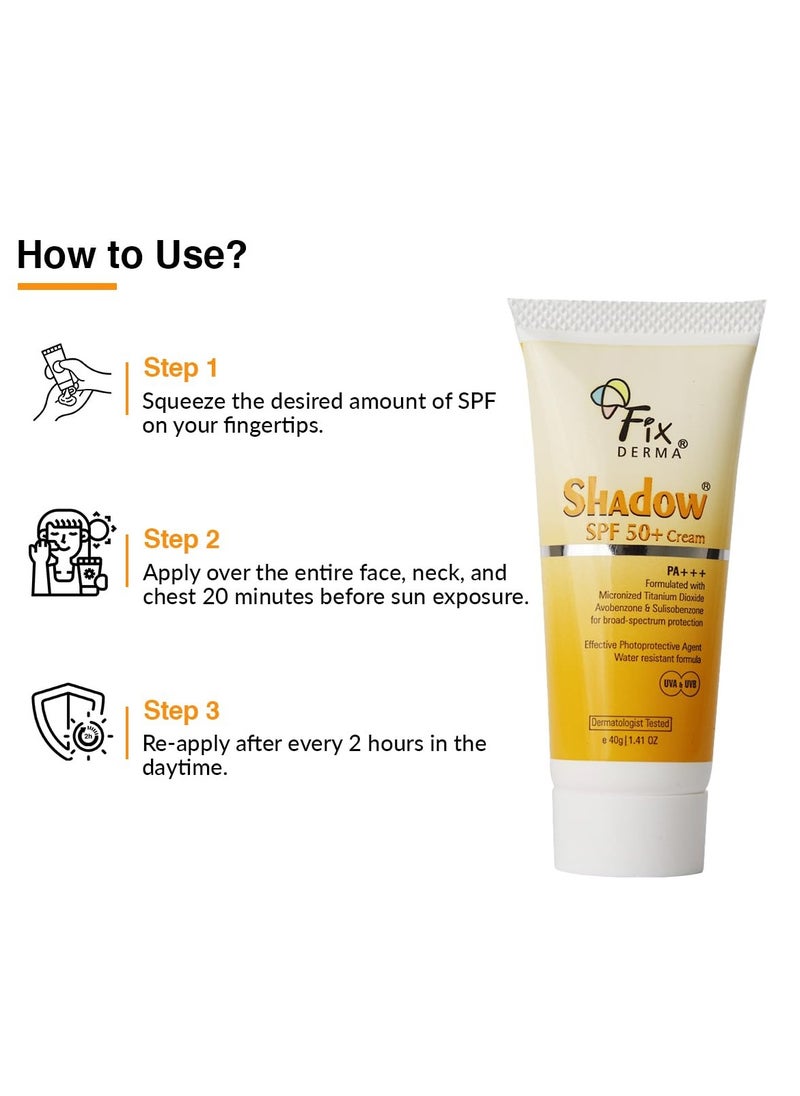 Fixderma Shadow Sunscreen SPF 50+ Cream | Sunscreen for Dry Skin | Sunscreen for UVA & UVB Protection | Non Greasy & Water Resistant - 40 gm