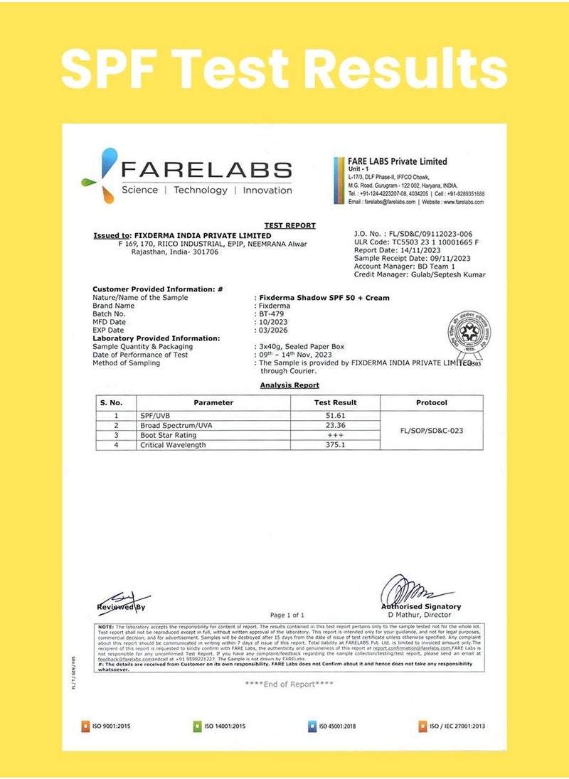 Fixderma Shadow Sunscreen SPF 50+ Cream | Sunscreen for Dry Skin | Sunscreen for UVA & UVB Protection | Non Greasy & Water Resistant - 40 gm