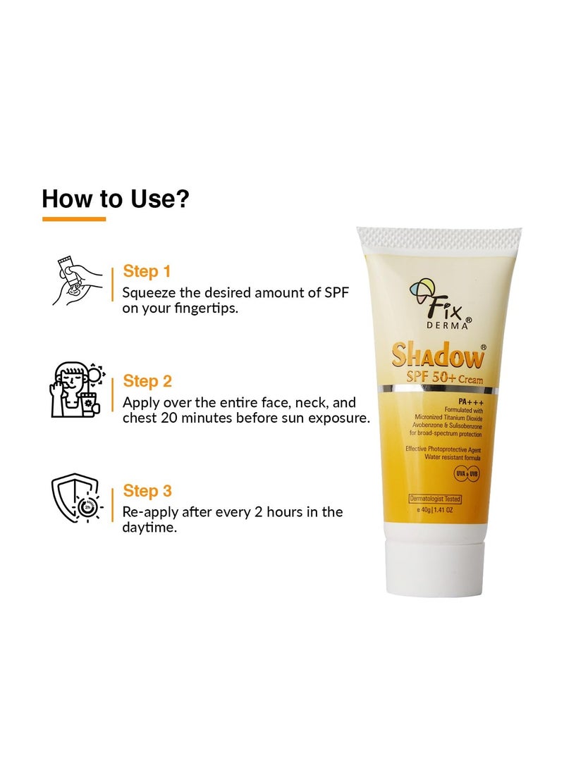 Fixderma Shadow Sunscreen SPF 50+ Cream | Sunscreen for Dry Skin | Sunscreen for UVA & UVB Protection | Non Greasy & Water Resistant - 40 gm