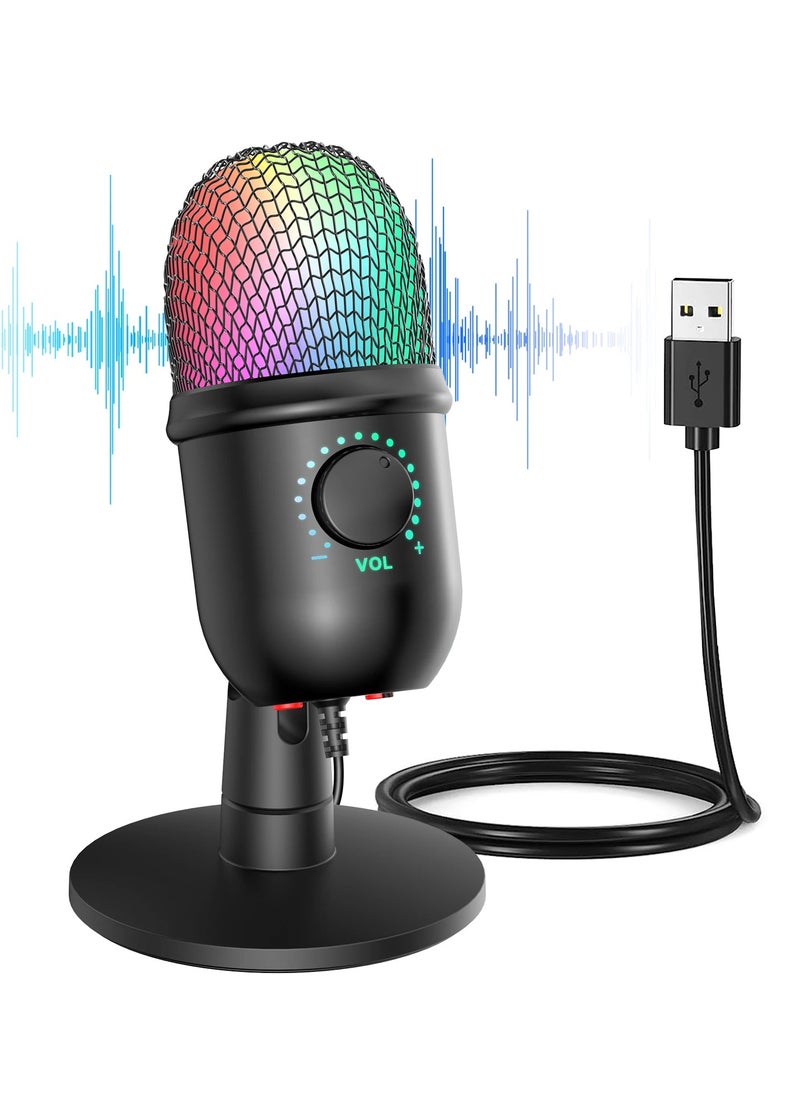 RGB Condenser Microphone Cardioid USB Mic with Colorful Lighting Effect One-Button Mute Real-time Monitoring with Desktop Mic Stand for Laptop PC Live Streaming Video Conference Online Game