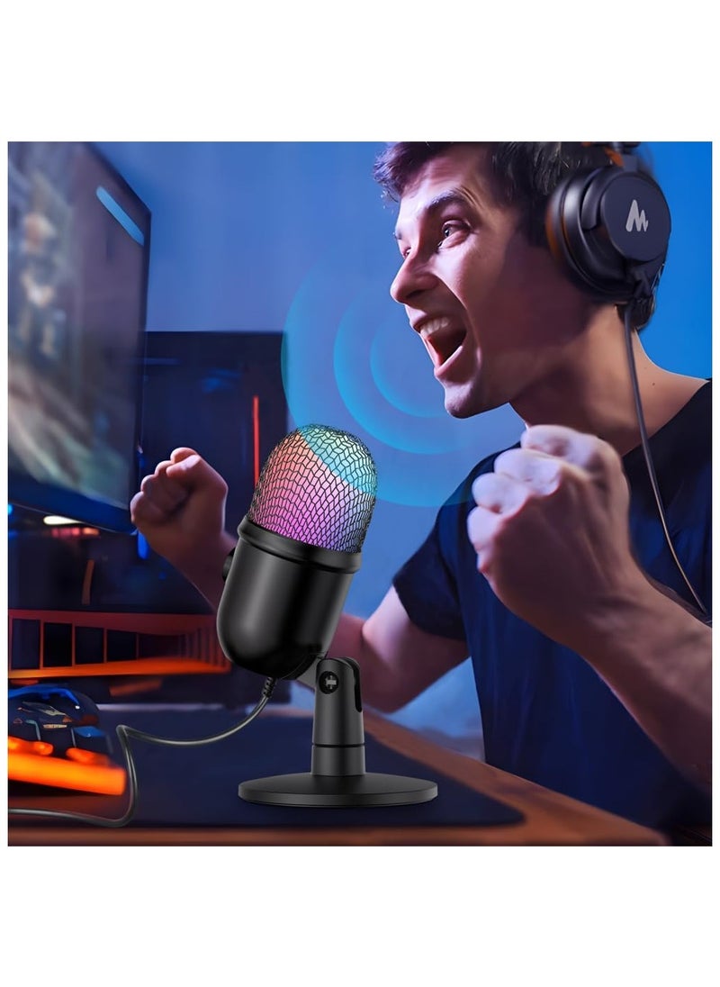 RGB Condenser Microphone Cardioid USB Mic with Colorful Lighting Effect One-Button Mute Real-time Monitoring with Desktop Mic Stand for Laptop PC Live Streaming Video Conference Online Game