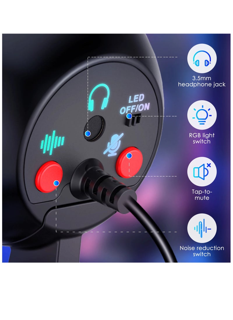 RGB Condenser Microphone Cardioid USB Mic with Colorful Lighting Effect One-Button Mute Real-time Monitoring with Desktop Mic Stand for Laptop PC Live Streaming Video Conference Online Game