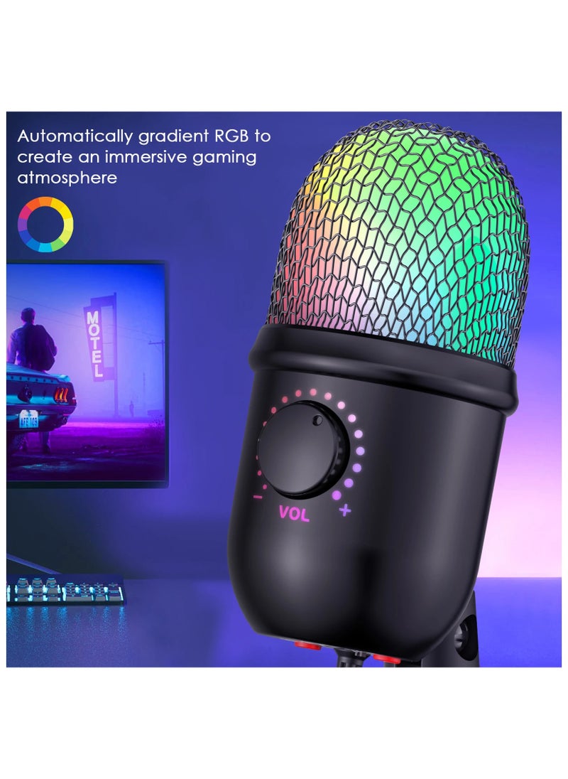 RGB Condenser Microphone Cardioid USB Mic with Colorful Lighting Effect One-Button Mute Real-time Monitoring with Desktop Mic Stand for Laptop PC Live Streaming Video Conference Online Game