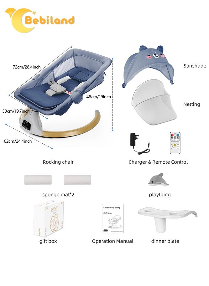 Bear Shape Baby Swing with Detachable Dinner Plate, 3-in-1 Electric Rocking Chair with Remote Control, 4 Gears Sway Time, Bluetooth Support Baby Bouncer for 0-24 Months Toddler Infant (Dark Blue)