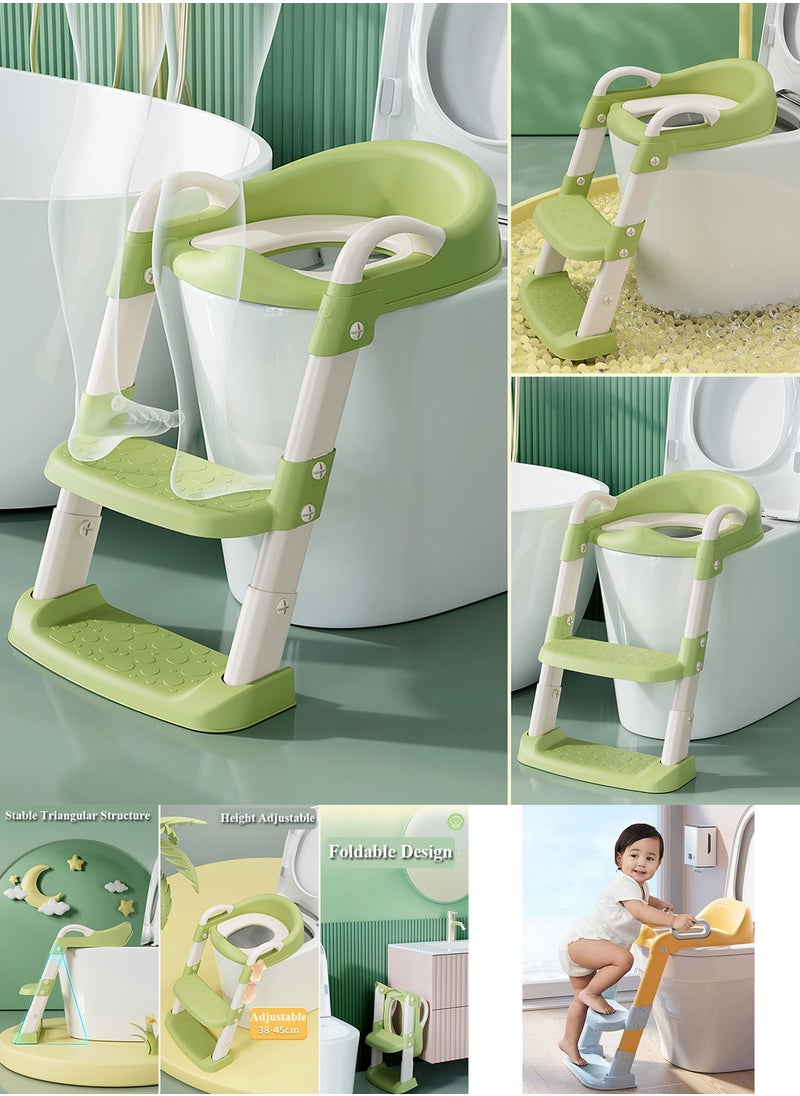 Qiccijoo Potty Training Toilet Seat for Boys and Girls Toddlers Potty Seat with Step Stool Ladder Kids Potty Chair with Soft Cushioned Seat, Adjustable Height, Collapsible, Non-Slip(Green)