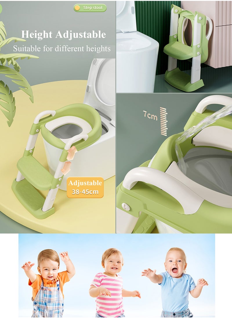 Qiccijoo Potty Training Toilet Seat for Boys and Girls Toddlers Potty Seat with Step Stool Ladder Kids Potty Chair with Soft Cushioned Seat, Adjustable Height, Collapsible, Non-Slip(Green)