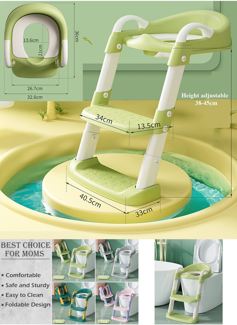 Qiccijoo Potty Training Toilet Seat for Boys and Girls Toddlers Potty Seat with Step Stool Ladder Kids Potty Chair with Soft Cushioned Seat, Adjustable Height, Collapsible, Non-Slip(Green)