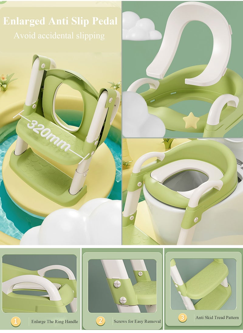 Qiccijoo Potty Training Toilet Seat for Boys and Girls Toddlers Potty Seat with Step Stool Ladder Kids Potty Chair with Soft Cushioned Seat, Adjustable Height, Collapsible, Non-Slip(Green)