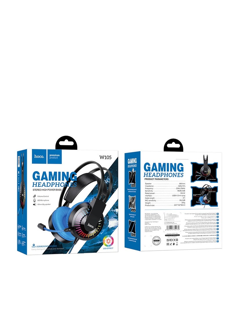 hoco. W105 Over-Ear Gaming Headset – LED Lighting, 40mm Drivers, and Dual Audio Port Support Headphones