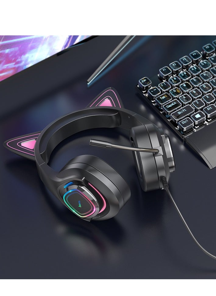 hoco. W107 Cute Cat Luminous Cat Ear Gaming Headphones – Bluetooth 5.3, Fun LED Lighting, and Comfortable Fit