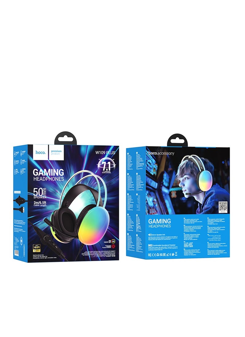 hoco.  W109 Plus Rich USB 7.1 Channel Gaming Headphones – Surround Sound, Omnidirectional Microphone, Dual Audio Port Support, 50mm Drivers, Dynamic Lighting, and Immersive Sound