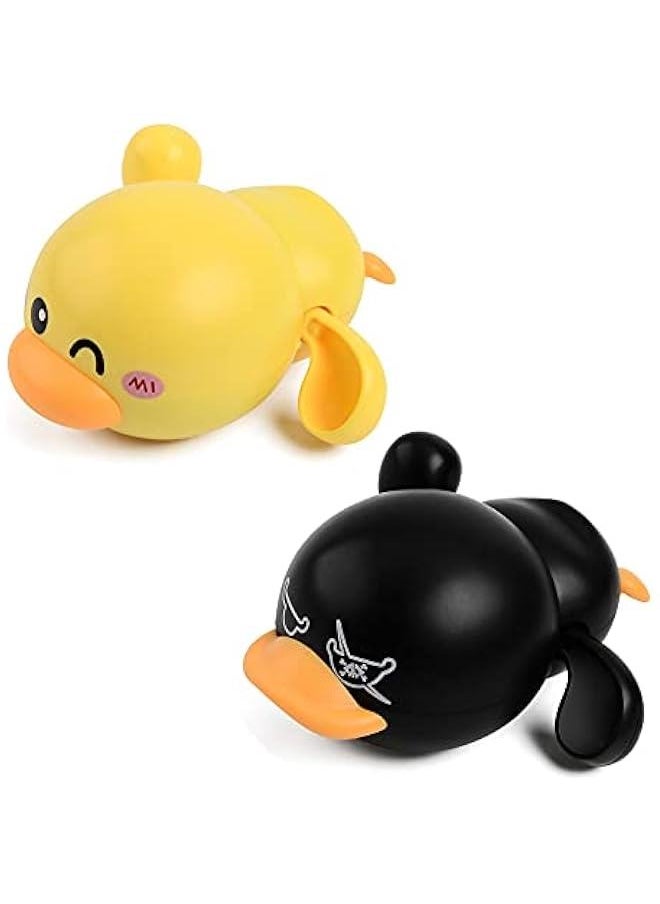 2PCS Ducks Bathtub Toy for Babies, Swimming Duckling Windup Duck Bath Toy Floating Water Toy Clockwork Swimming Duck for Boys and Girls (Black+Yellow)