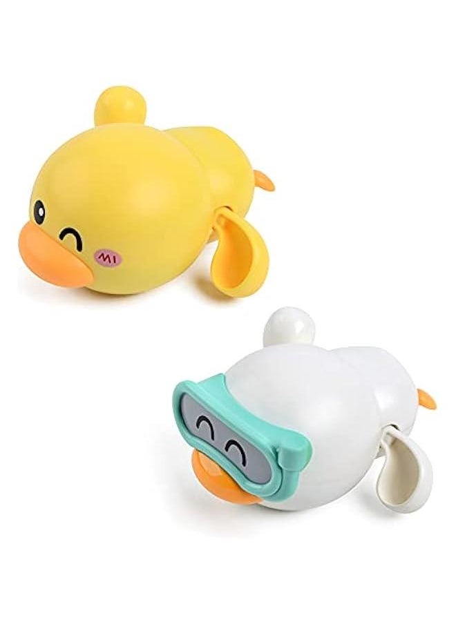 2PCS Ducks Bathtub Toy for Babies, Swimming Duckling Windup Duck Bath Toy Floating Water Toy Clockwork Swimming Duck for Boys and Girls (White+Yellow)