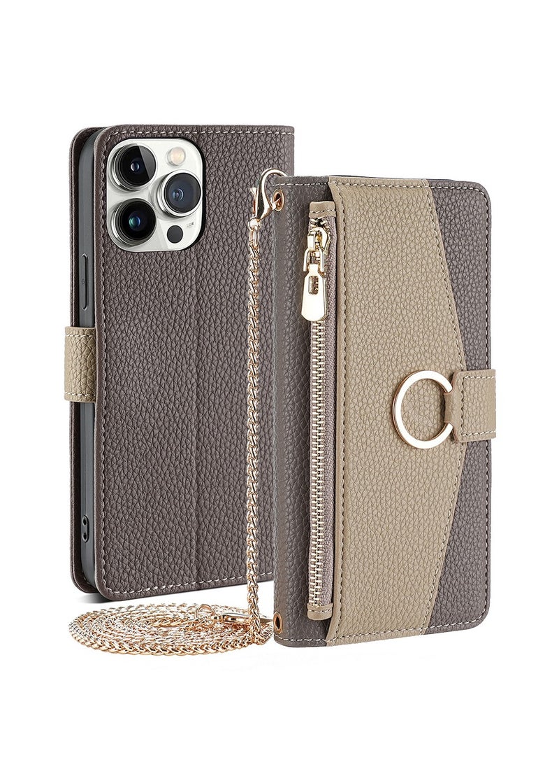 Leather Wallet Case with Card Slots & Hanging Rope for iPhone 16 Pro, 15, Beige