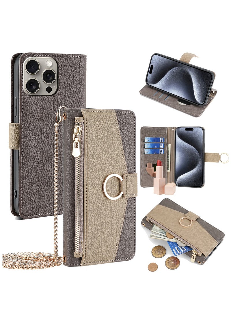 Leather Wallet Case with Card Slots & Hanging Rope for iPhone 16 Pro, 15, Beige