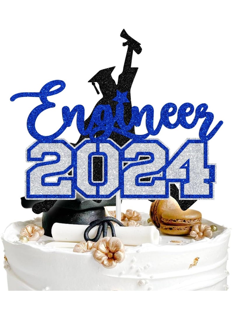 Congrats Engineer 2024 Cake Topper, Future Engineer Cake Decor, Class of 2024 Graduation Party Decoration Supplies, Black and Blue Glitter