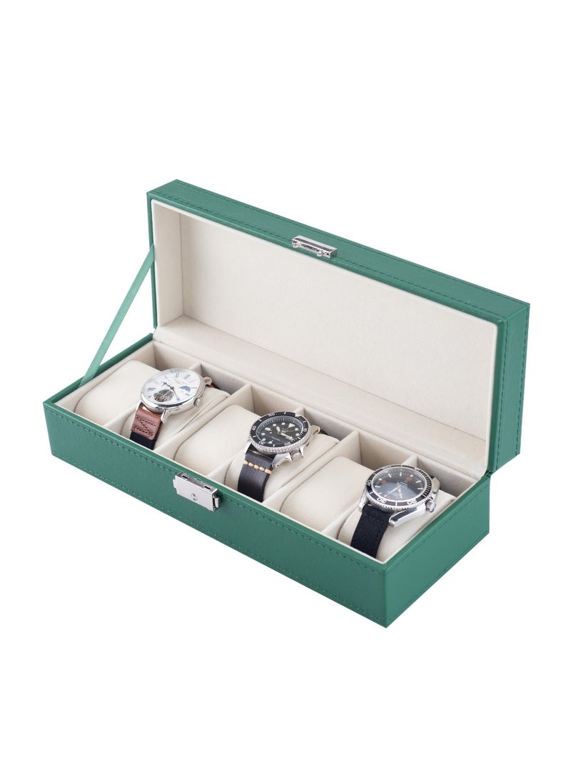 Elegant Watch Box 6 slots / Elegant Appearance / Premium PU Leather Material / Metal Push Button / Watch Pillow - Green