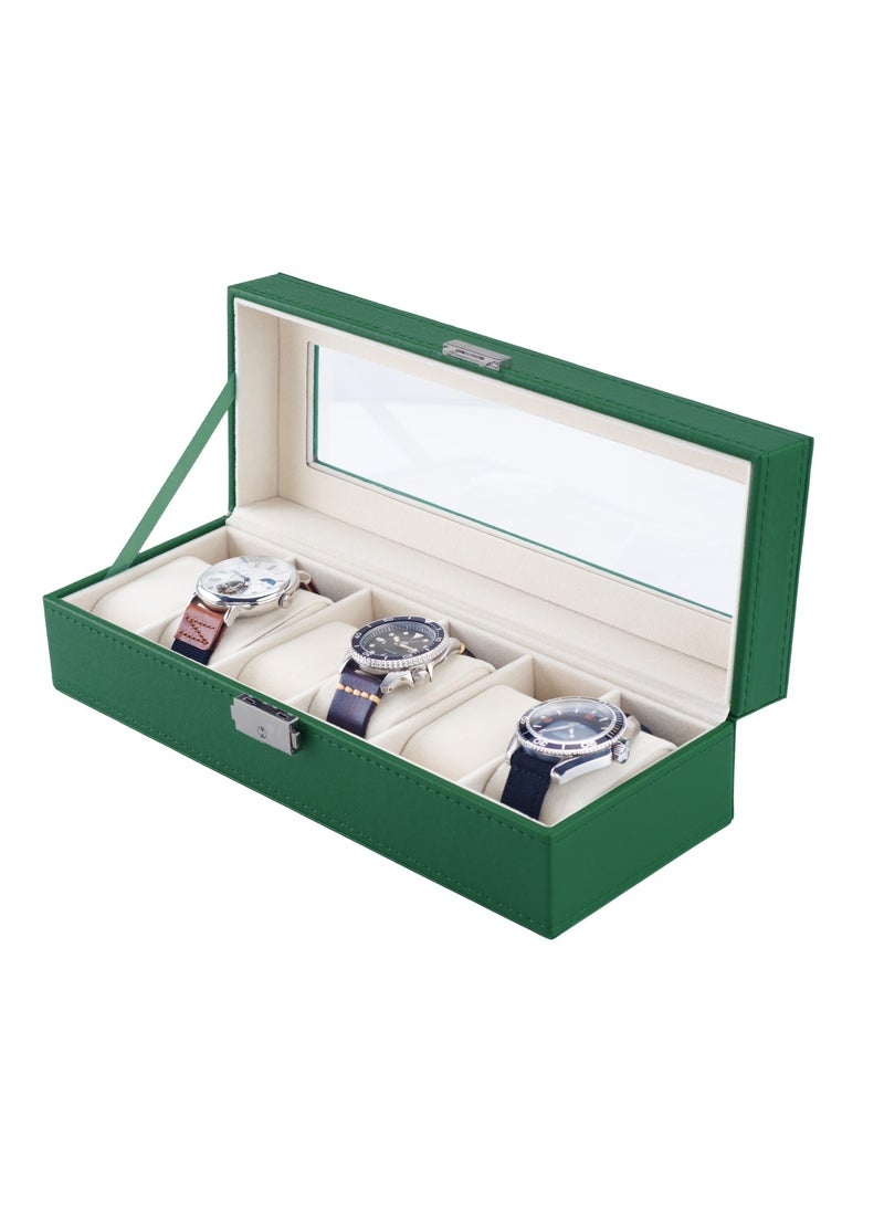 Elegant Watch Box 6 slots with Glass Window / Elegant Appearance / Premium PU Leather Material / Metal Push Button / Watch Pillow - Green