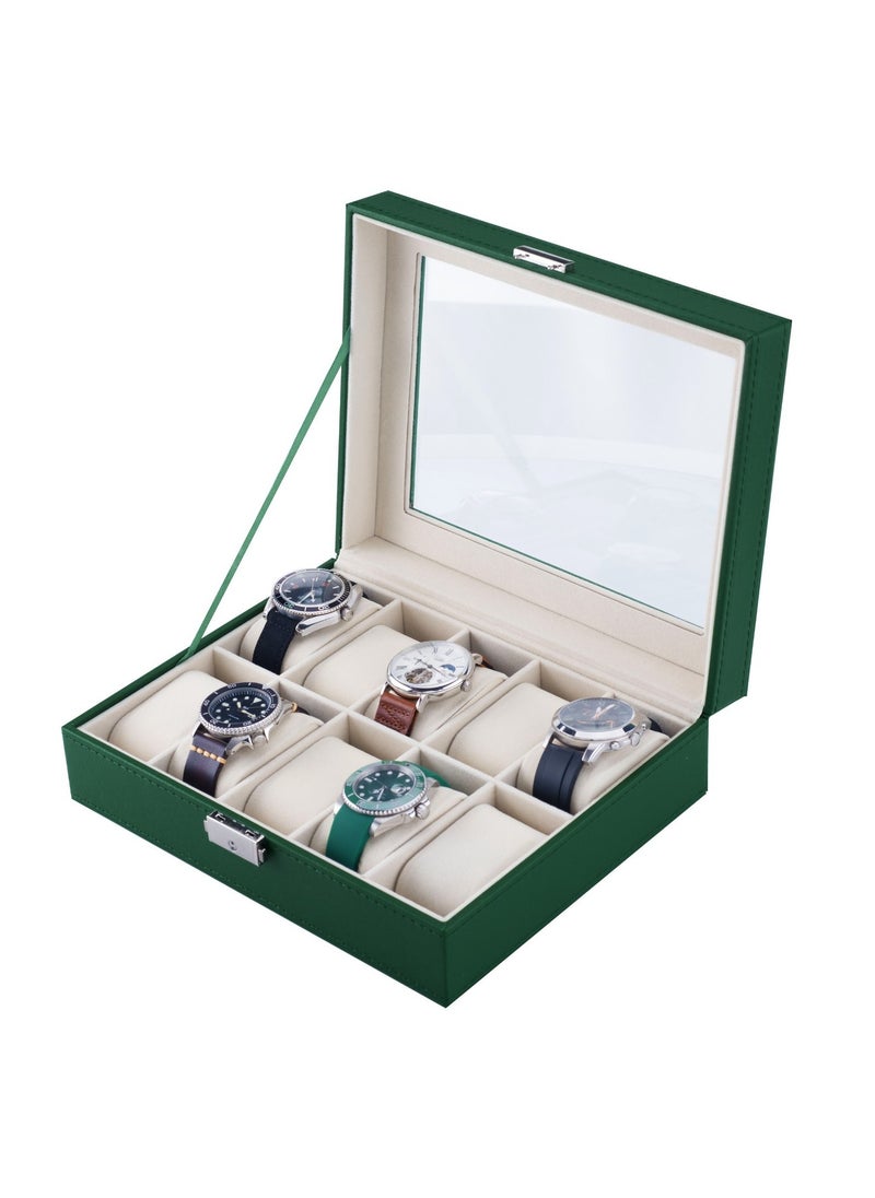 Elegant Watch Box 10 slots with Glass Window / Elegant Appearance / Premium PU Leather Material / Metal Push Button / Watch Pillow - Green