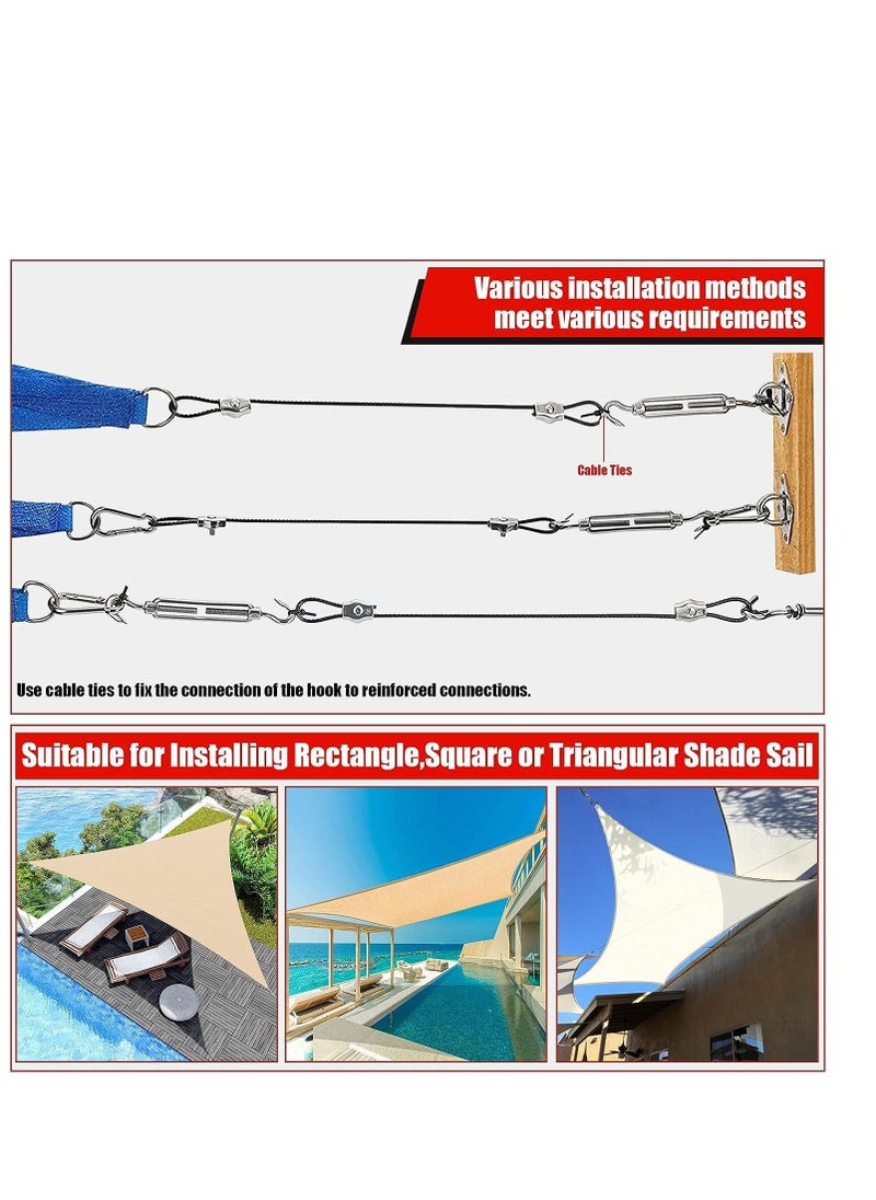 Shade Sail Hardware Kit with 4pcs 13ft Nylon Coated Cable Wire Sun Shade Sail Hardware 304 Grade Stainless Installation Kit Set Triangle Square Rectangle Sun Shade Sail for Outdoor 117Pcs