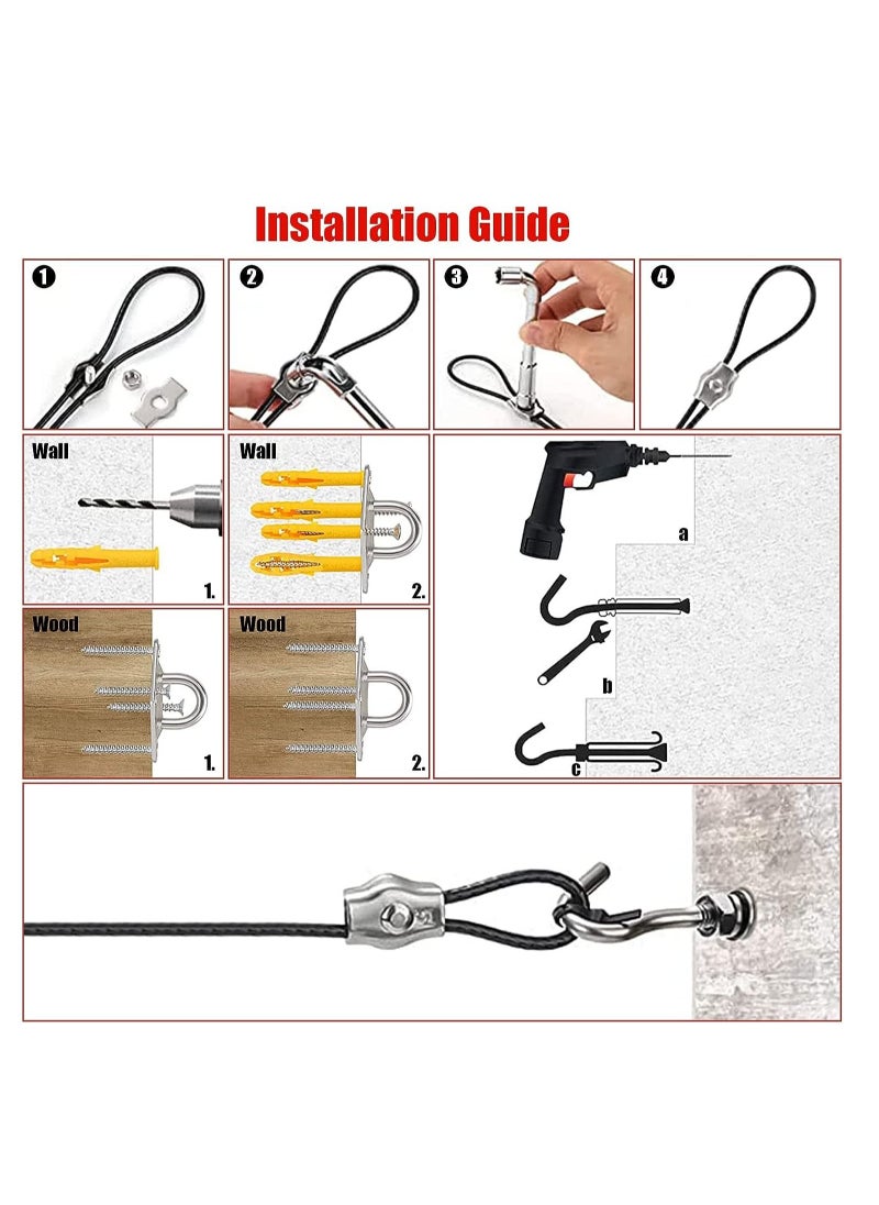 Shade Sail Hardware Kit with 4pcs 13ft Nylon Coated Cable Wire Sun Shade Sail Hardware 304 Grade Stainless Installation Kit Set Triangle Square Rectangle Sun Shade Sail for Outdoor 117Pcs