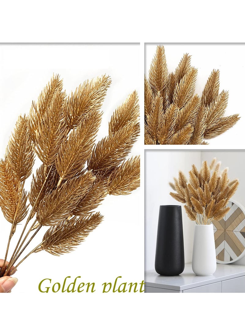 Artificial Gold Leaves Plants - Plastic Fake Grass Faux Shrubs for Home Indoor Outdoor Garden Wedding Festival Decoration Hall Table Planter Filler (Golden Pinecone 2 Pack)