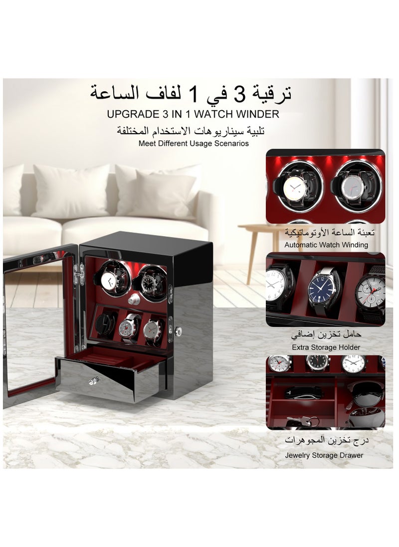 DUKWIN Watch Winder for 2 Automatic Watches with 3 Extra Watches Storage, White LED Light, 4 Rotation Modes, key lock and Jewelry Drawer for Men and Women