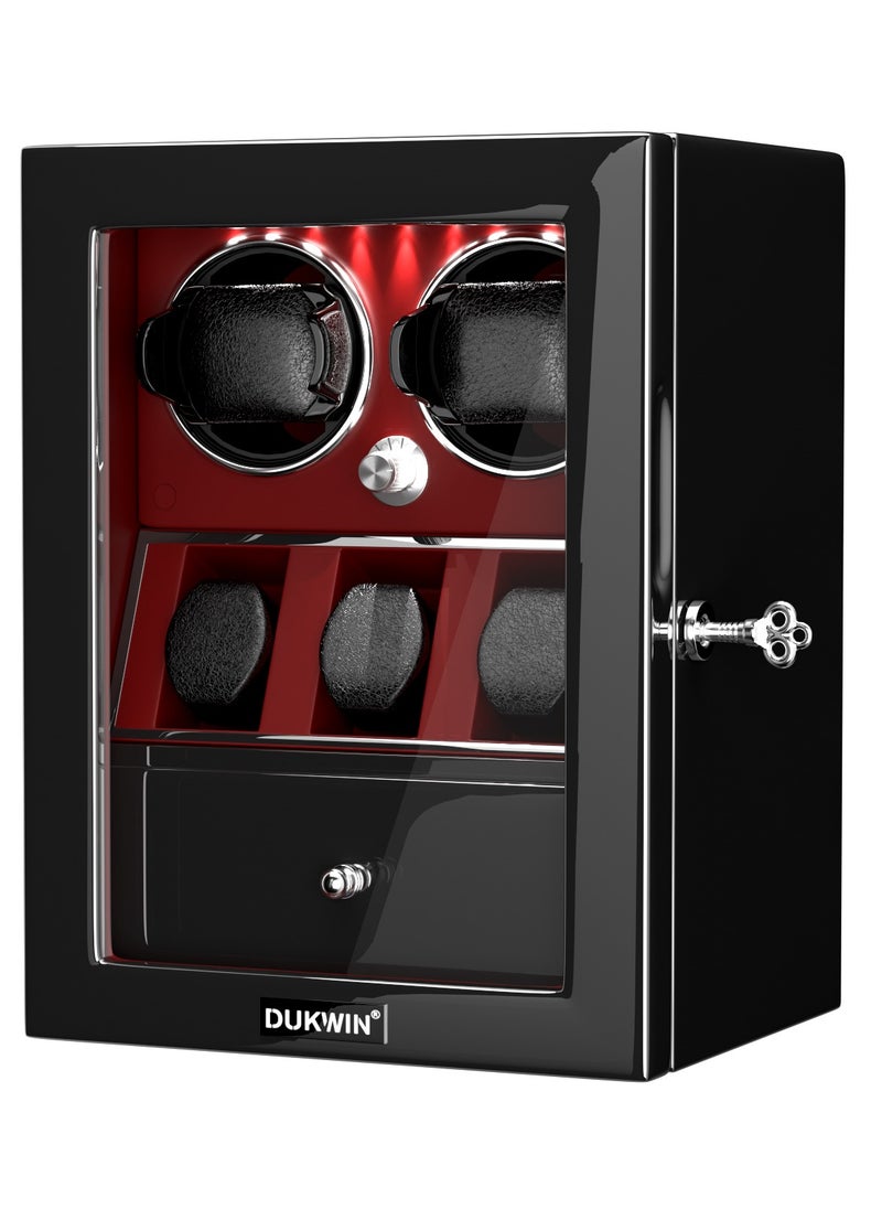 DUKWIN Watch Winder for 2 Automatic Watches with 3 Extra Watches Storage, White LED Light, 4 Rotation Modes, key lock and Jewelry Drawer for Men and Women