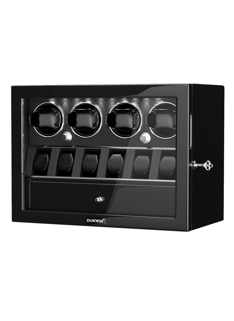 DUKWIN Watch Winder for 4 Automatic Watches with 6 Extra Watches Storage, White LED Light, 4 Rotation Modes, key lock and Jewelry Drawer for Men and Women