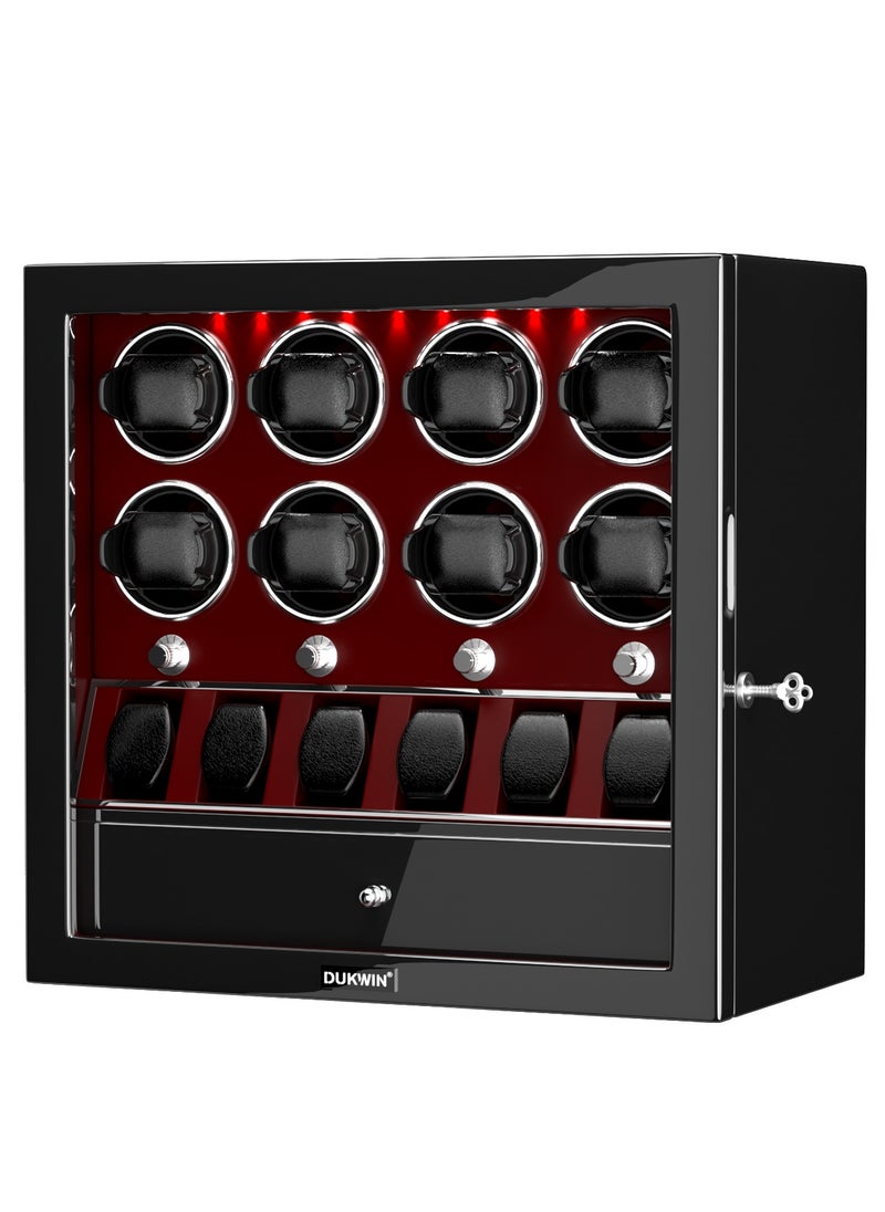 DUKWIN Watch Winder for 8 Automatic Watches with 6 Extra Watches Storage, White LED Light, 4 Rotation Modes, key lock and Jewelry Drawer for Men and Women