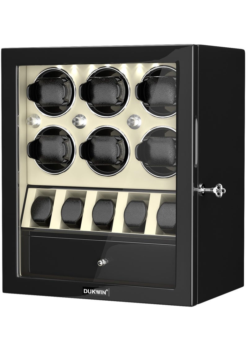 DUKWIN Watch Winder for 6 Automatic Watches with 5 Extra Watches Storage, White LED Light, 4 Rotation Modes, key lock and Jewelry Drawer for Men and Women